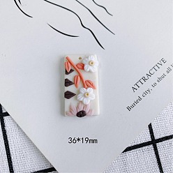 White Handmade Polymer Clay Pendants, Rectangle with Flower, White, 36x19mm