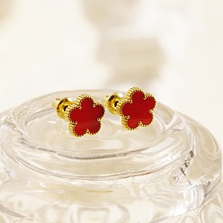 Red Golden 304 Stainless Steel Flower Stud Earrings with Natural Shell, Red, 9mm