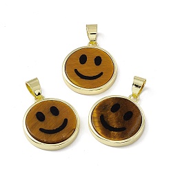 Tiger Eye Natural Tiger Eye Pendants, Flat Round with Smiling Face Charms, with Rack Plating Golden Tone Brass Findings, Cadmium Free & Lead Free, 21x18.5x3mm, Hole: 4x6mm