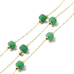 Jade Ion Plating(IP) 316 Surgical Stainless Steel Paperclip Chains, with Natural Jade Column Beads, Soldered, Real 18K Gold Plated, with Spool, Link: 2.5x1x0.3mm
