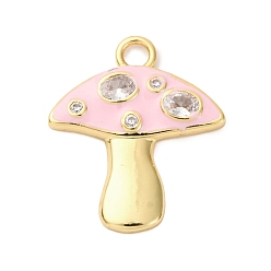 Pink Латунные микро проложить кубического циркония подвески, с эмалью, грибные прелести, стойки покрытие, долговечный, без кадмия и без свинца, реальный 18 k позолоченный, розовые, 22.5x19.5x3 мм, отверстие : 2 мм
