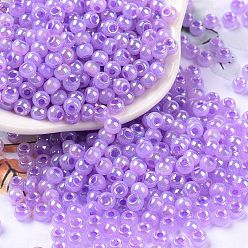 Lilac 6/0 Opaque Colours Rainbow Plated Round Glass Seed Beads, Lilac, 4x3mm, Hole: 1.2mm, about 7200pcs/pound