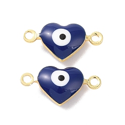 Marine Blue Brass Enamel Connector Charms, Real 18K Gold Plated, Heart with Evil Eye Pattern, Marine Blue, 7x14x3.5mm, Hole: 1.2mm
