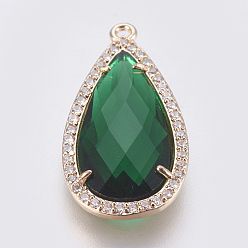 Green Brass Glass Pendants, with Cubic Zirconia, Faceted, teardrop, Light Gold, Green, 27.5x14x4mm, Hole: 1.2mm