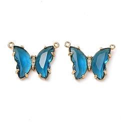 Steel Blue Brass Pave Faceted Glass Connector Charms, Golden Tone Butterfly Links, Steel Blue, 17.5x23x5mm, Hole: 0.9mm