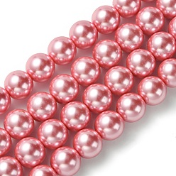Pearl Pink Eco-Friendly Glass Pearl Beads Strands, Grade A, Round, Dyed, Cotton Cord Threaded, Pearl Pink, 12mm, Hole: 1.2~1.5mm, about 34pcs/strand, 15.7 inch
