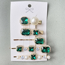Emerald Vintage Crystal Glass Hair Clips Set of 5 for Women - Blue Floral Design