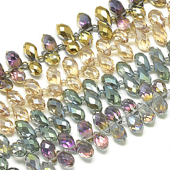 Mixed Color Electroplate Glass Beads Strands, Top Drilled Beads, Rainbow Plated, Faceted, Teardrop, Mixed Color, 12~13x6mm, Hole: 1mm, about 96~100pcs/17.9 inch