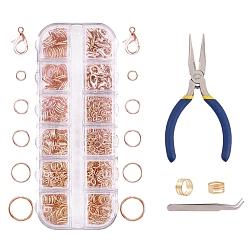Rose Gold DIY Jewelry Kit, with Iron Jump Rings, Brass Rings, Alloy Lobster Claw Clasps, Stainless Steel Beading Tweezers and Iron Chain Nose Pliers, Rose Gold, 130x50x15mm
