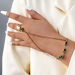 Golden Glass Oval Link Ring Bracelet, Rhinestone Snake Charms Bracelet with Open Cuff Ring, Golden, 6-3/4 inch(17cm), Inner Diameter: 17mm
