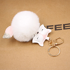 white Fox Plush Leather Keychain with Fox Head Toy and Pom-Pom Backpack Pendant