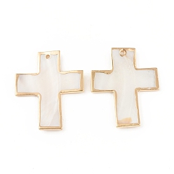 Freshwater Shell Freshwater Shell Big Pendants, with Light Gold Plated Brass Edge, Cross Charms, 52.5x42.5x3mm, Hole: 2mm