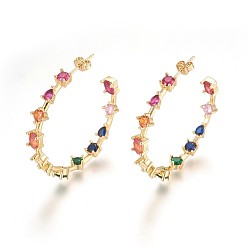 Golden Brass Cubic Zirconia Stud Earrings, Half Hoop Earrings, Ring, Colorful, Golden, 5.5x39.5mm, Pin: 0.8mm