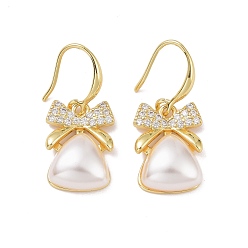 Golden Clear Cubic Zirconia Bowknot with Plastic Pearl Dangle Earrings, Rack Plating Brass Jewelry for Women, Cadmium Free & Lead Free, Golden, 29mm, Pin: 0.8mm