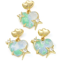 Средний Аквамарин Стойка металлическая латунная микропрофилированная кубическая циркония подвески, cmолой, без свинца и без кадмия, долговечный, настоящее позолоченное сердце 18k со звездой, средний аквамарин, 34x24.5x10 мм, отверстие : 4x2 мм