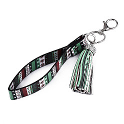 Pale Green PU Leather Tassel Keychain, with Rhinestone, Plastic, Alloy Lobster Claw Clasps and Iron Split Key Rings, Christmas Themed Pattern, Platinum, Pale Green, 22.7cm