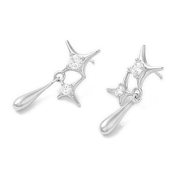 Platinum Rack Plating Brass Pave Cubic Zirconia Star with Teardrop Dangle Stud Earrings for Women, Long-Lasting Plated, Lead Free & Cadmium Free, Platinum, 30x19mm