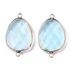 Light Blue Glass Links Connectors, with Golden Plated Brass Edge and Loop, Faceted, Oval, Light Blue, 38~39x23x7mm, Hole: 2.5mm