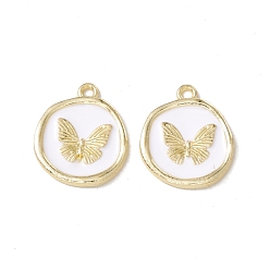 White Alloy Enamel Pendants, Light Gold, Flat Round with Butterfly, White, 21x18x2mm, Hole: 1.7mm