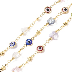 Real 18K Gold Plated Flat Round & Star Brass Link Chains, with Glass Butterfly & CCB Evil Eye Beads, Soldered, with Spools, Cadmium Free & Lead Free, Real 18K Gold Plated, Real 18K Gold Plated, 19x8x5mm, 10x5x2mm, 13x7x2.5mm