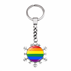Rainbow Pride Flag/Rainbow Flag Glass Cabochons Keychain, Alloy Snowflake Pendant Keychain, Rainbow Pattern, Cabochons: 2.5cm