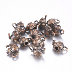Red Copper Tibetan Style Alloy Pendants, Cadmium Free & Lead Free, Teapot, Red Copper Color, 13x15x8mm, Hole: 2mm