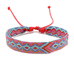 Orange Red Cotton Braided Rhombus Cord Bracelet, Ethnic Tribal Adjustable Bracelet for Women, Orange Red, Inner Diameter: 7-1/8~9-7/8 inch(18~25cm)
