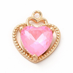 Розовый Латунь со стеклянными подвесками k9, золотые, сердце прелести, светло-розовый, 18x15.5x6 мм, отверстие : 1.5 мм