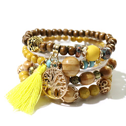 Yellow Bohemian Style Multilayer Wood Bead Bracelet Elastic Cord Jewelry Hand Ornament.