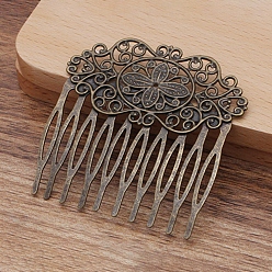 Antique Bronze Iron Hair Comb Findings, with Filigree Brass Flower, Antique Bronze, 56x56.5mm