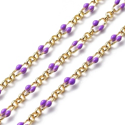 Dark Orchid Enamel Oval Link Chains, with Real 18K Gold Plated Brass Findings, Soldered, with Spool, Dark Orchid, 4x7x1mm