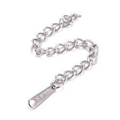 Stainless Steel Color 304 Stainless Steel Chain Extender, Curb Chain, with 202 Stainless Steel Chain Tabs, Teardrop with Word, Stainless Steel Color, 67mm, Link: 3.7x3x0.5mm, Chain Tabs: 10x2.5x0.5mm