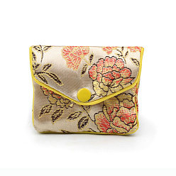 Old Lace Chinese Style Rectangle Cloth Zipper Pouches, with Flower Pattern and Snap Button, Old Lace, 6.5x7.5cm