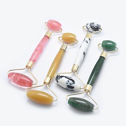 Mixed Stone Natural & Synthetic Mixed Stone Brass Face Massager, Facial Rollers, Golden, 146~150x54~58x19~22mm