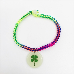 Round Luminous Resin with Clover Charm Bracelet, Glow In The Dark Nylon Cord Braided Bracelet for Women, Colorful, Round Pattern, Pendant: 20mm