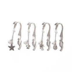 Antique Silver ABS Plastic Imitation Pearl Round Bead Bookmarks, Tibetan Style Alloy Mermaid Bookmark, Pendant Book Marker, Starfish/Sea Turtle/Coconut Tree/Shell Shape, Antique Silver, 78.5~83.5mm