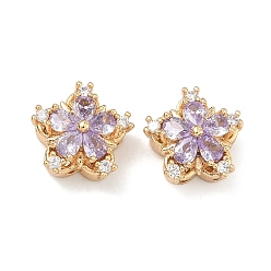 Лиловый Латунные звенья с инкрустацией кубическим цирконием, цветок, реальный 18 k позолоченный, сирень, 13x13x7 мм, отверстие : 1.6 мм