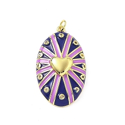 Фиолетовый Овальные подвески с сердцем из латуни с микропаве и фианитами, с эмалью и кольцом для прыжков, стойки покрытие, долговечный, без свинца и без кадмия, реальный 18 k позолоченный, фиолетовые, 37.5x21x7.5 мм, отверстие : 3 мм