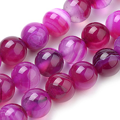 Fuchsia Natural Striped Agate/Banded Agate Beads Strands, Dyed, Round, Fuchsia, 10mm, Hole: 1mm, about 37pcs/strand, 14.96 inch(38cm)