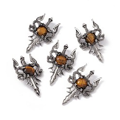 Tiger Eye Natural Tiger Eye Pendants, Sword Charms, with Rack Plating Antique Silver Tone Alloy Findings, Cadmium Free & Lead Free, Faceted, 48x29x6.5mm, Hole: 6x3.5mm