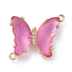 Pearl Pink Glass Links Connectors, with Brass Micro Pave Cubic Zirconia, Faceted, Butterfly, Light Gold, Pearl Pink, 20x20x4mm, Hole: 1.5mm