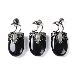 Обсидиан Природные подвески обсидиана, Луна прелести, со стойкой, фурнитура из латуни, античная посеребренная, без свинца и без кадмия, 43.5~45x20~22x14.5~15.5 мм, отверстие : 6.5x5 мм