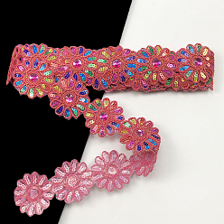 Camellia Polyester Lace Trim, with Colorful Paillettes, Flower, Garment Accessories, Camellia, 2-3/8 inch(60mm), about 4.5 yards/pc