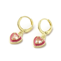 Red Heart Real 18K Gold Plated Brass Dangle Leverback Earrings, with Enamel and Glass, Red, 23.5x9mm