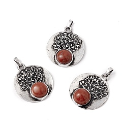 Red Jasper Natural Red Jasper Alloy Pendants, Lead Free & Cadmium Free, Antique Silver, Flat Round with Tree, 28.5x24.5x6.5mm, Hole: 4x3.5mm