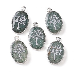 Green Aventurine Natural Green Aventurine Oval Pendants, Platinum Plated Brass Oval Charms with Tree, 22~22.5x13~13.5x4.5mm, Hole: 1.6~1.8mm