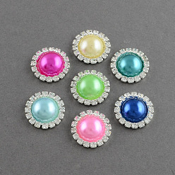 Mixed Color Garment Accessories Half Round ABS Plastic Imitation Pearl Cabochons, with Grade A Rhinestone and Brass Cabochon Settings, Silver Color Plated, Mixed Color, 14.5x4mm