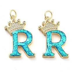 Letter R Латунные микропаве прозрачные подвески с фианитом, с синтетическим опалом, реальный 18 k позолоченный, с целью перехода в кольце, Буква R, 26.5~33x14~23.5x3.5~4.5 мм, отверстие : 4.5 мм