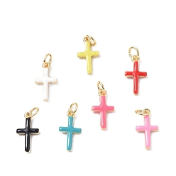 Mixed Color Real 18K Gold Plated Eco-Friendly Rack Plating Brass Enamel Pendants, Long-Lasting Plated, with Jump Rings, Lead Free & Cadmium Free, Cross Charm, Mixed Color, 15x8x3mm, Hole: 3.4mm