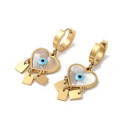 Golden Natural Shell Enamel Heart with Evil Eye Chandelier Earrings, 304 Stainless Steel Hoop Earrings, Golden, 41x16mm